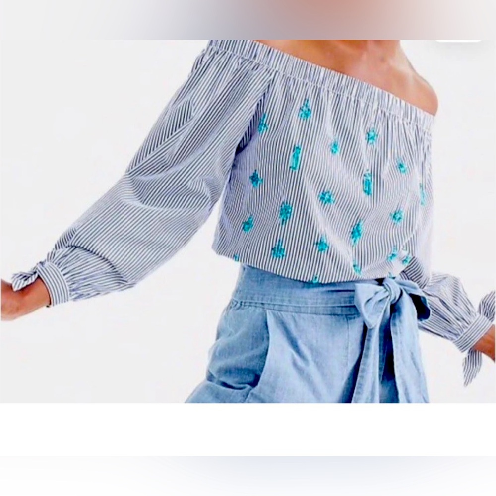 J. Crew Women's Sz 4 Off Shoulder Blue Pinstripe Green Sequins Top 100% Cotton